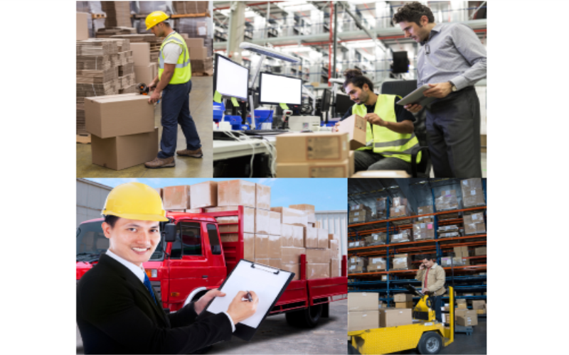 A busy fulfillment center showcasing various goods being prepared for shipping.