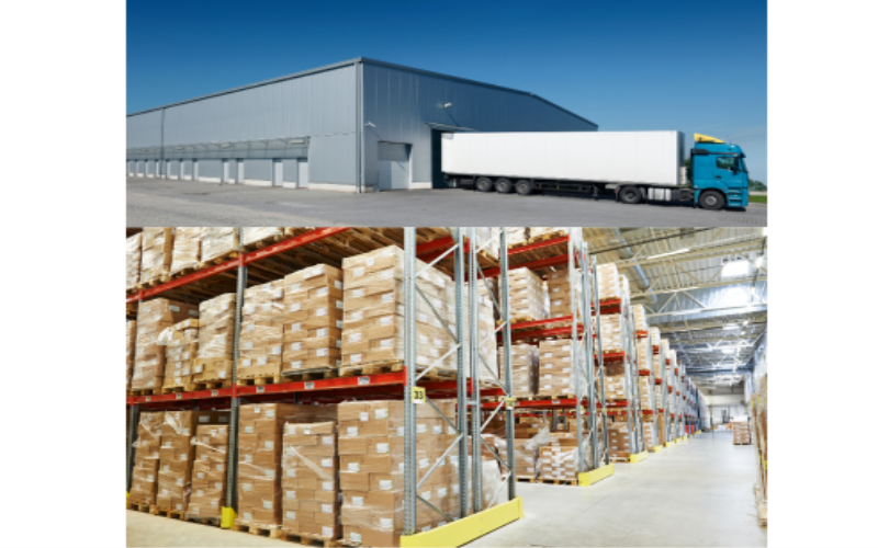 A large warehouse filled with shelves of various goods and products.